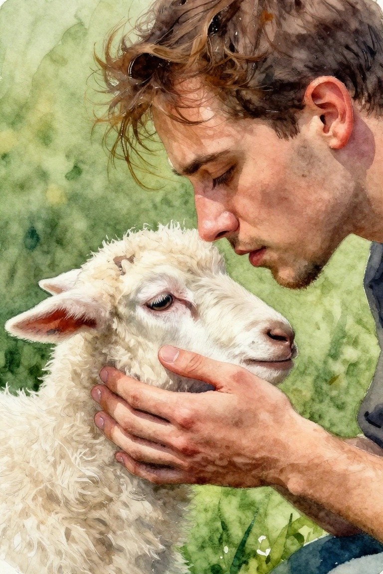 A watercolor painting of a young man with brown hair holding a white lamb close to his face, their heads nearly touching against a soft green background.