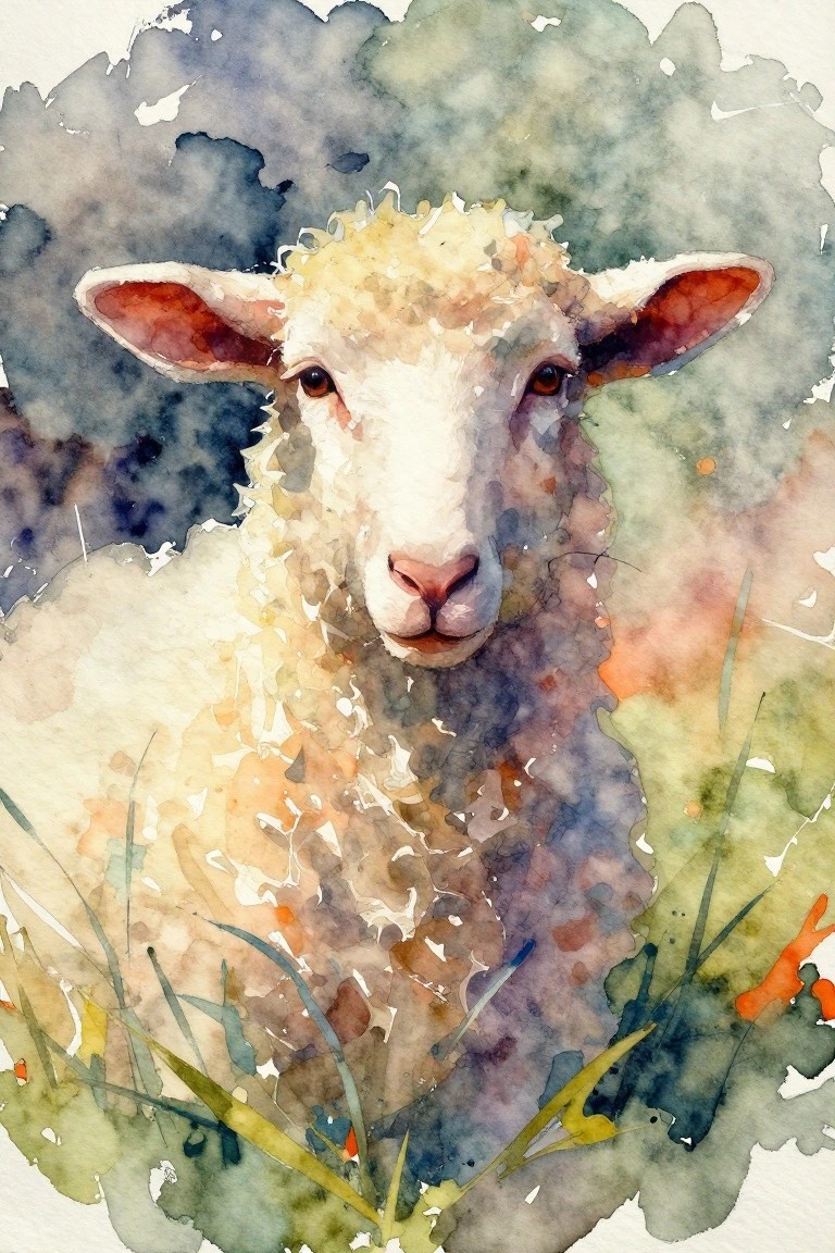 Watercolor close-up of fluffy white lamb with brown ears amid grassy splashes