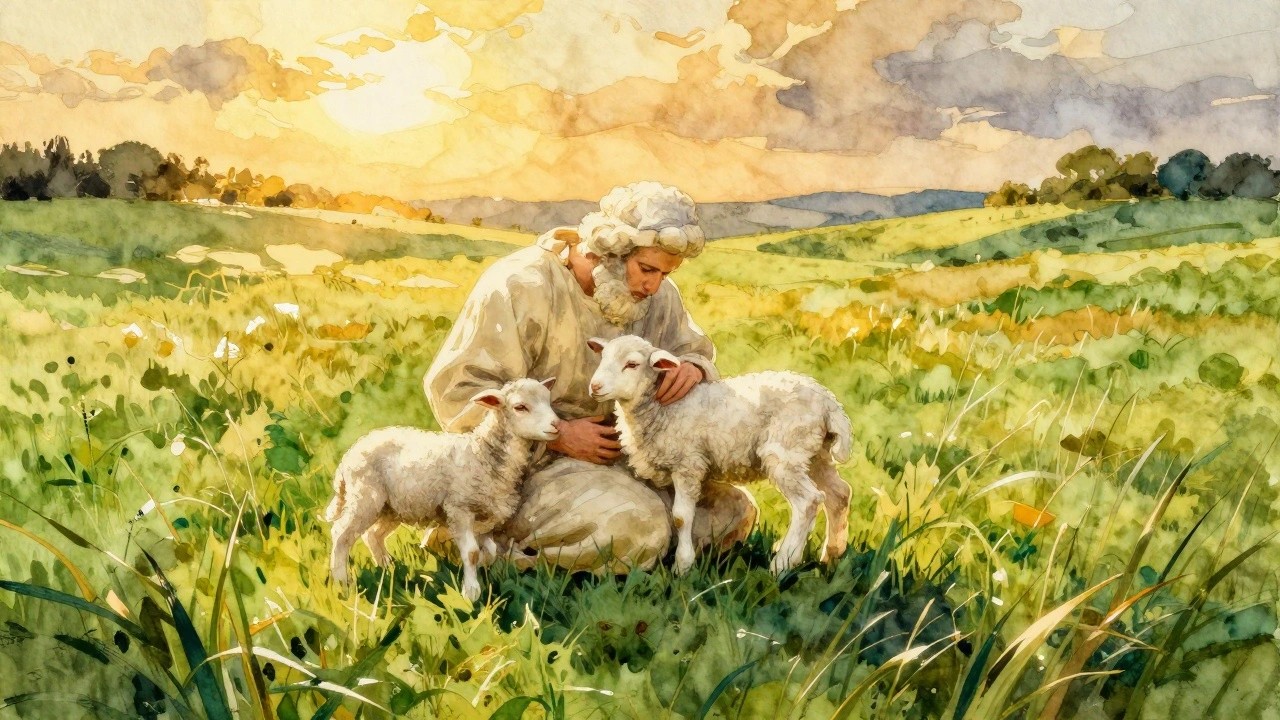 Bearded man in robes pets white lamb in sunlit grassy field at sunset.