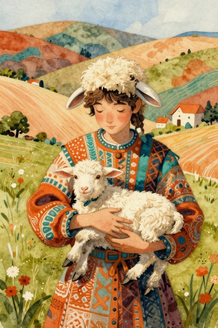 Girl in ornate orange-blue folk dress cradles white lamb amid rolling hills