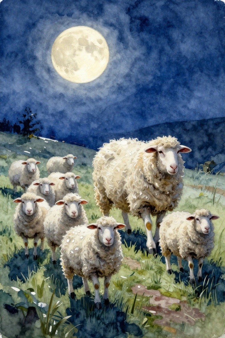 Watercolor of fluffy white sheep on a grassy hill under a glowing full moon