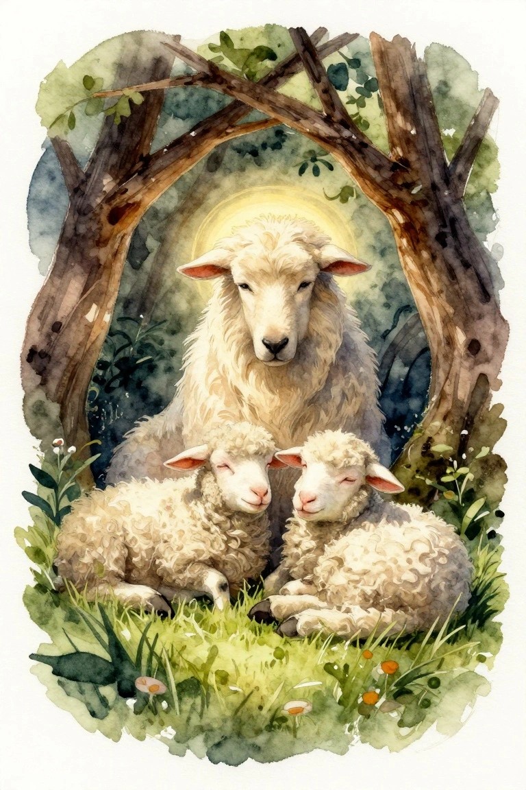 Watercolor of mother sheep with two resting lambs under arched branches and glowing sun.