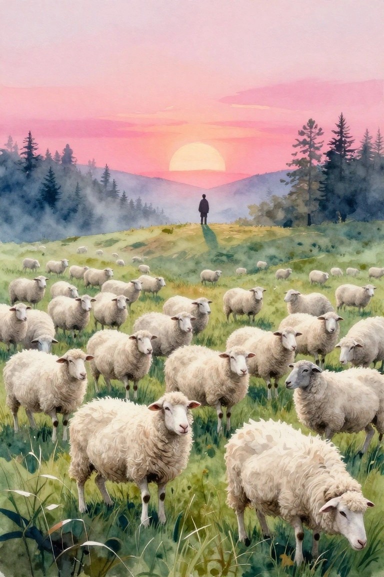 Watercolor of white sheep grazing on green hills under pink sunset with distant shepherd