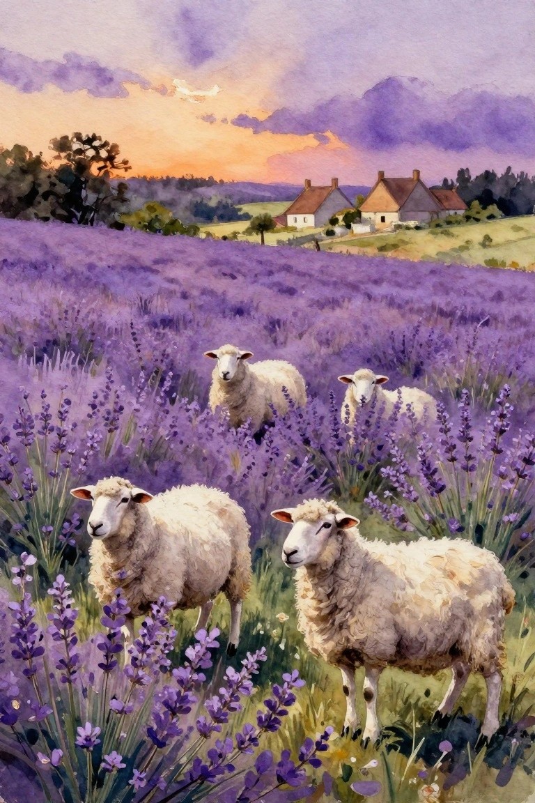 A watercolor painting of three sheep standing in a dense purple lavender field with farmhouses and a sunset sky behind them.