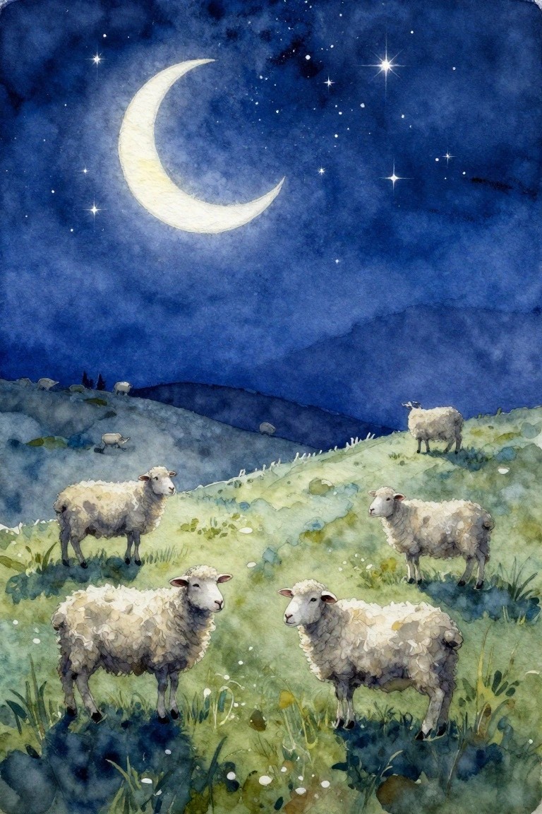 Watercolor of sheep on rolling hills under crescent moon and starry night sky.