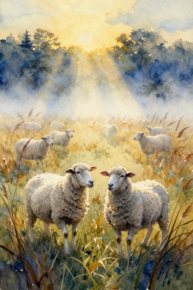 Watercolor of sheep in golden meadow with misty sunbeams and tall grass
