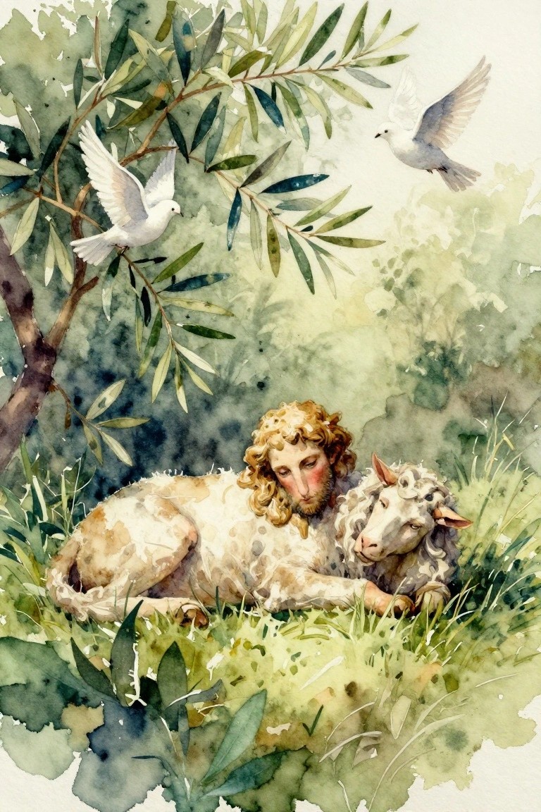 Watercolor of curly-haired man resting with sheep in grass, doves among leaves