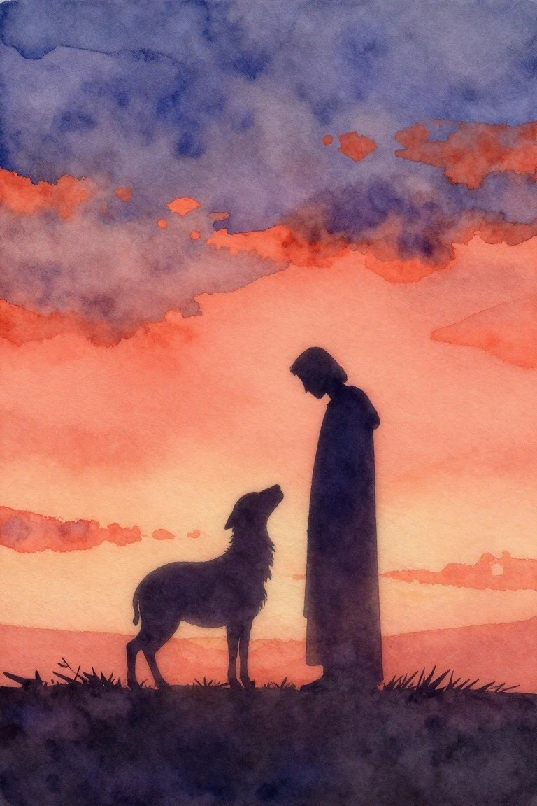 Silhouetted robed figure and dog against vibrant orange-purple sunset sky