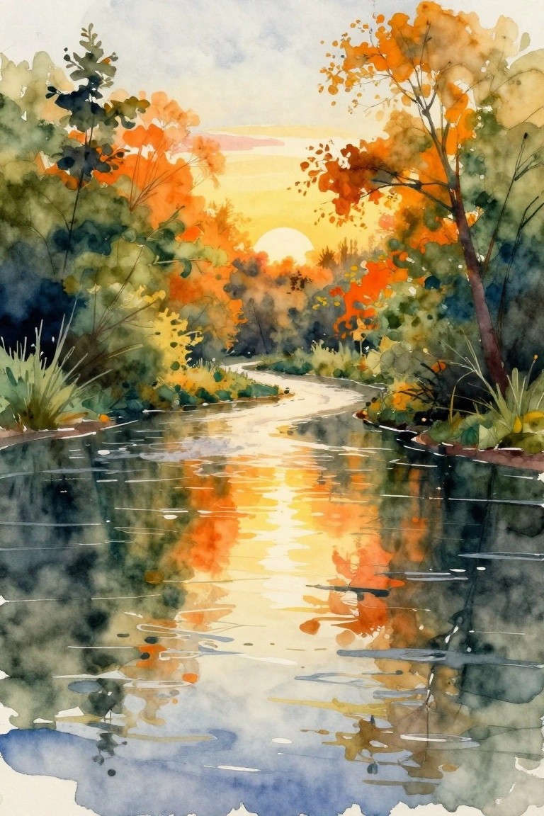 A watercolor painting of a winding river reflecting orange and yellow autumn trees with a setting sun in the background.