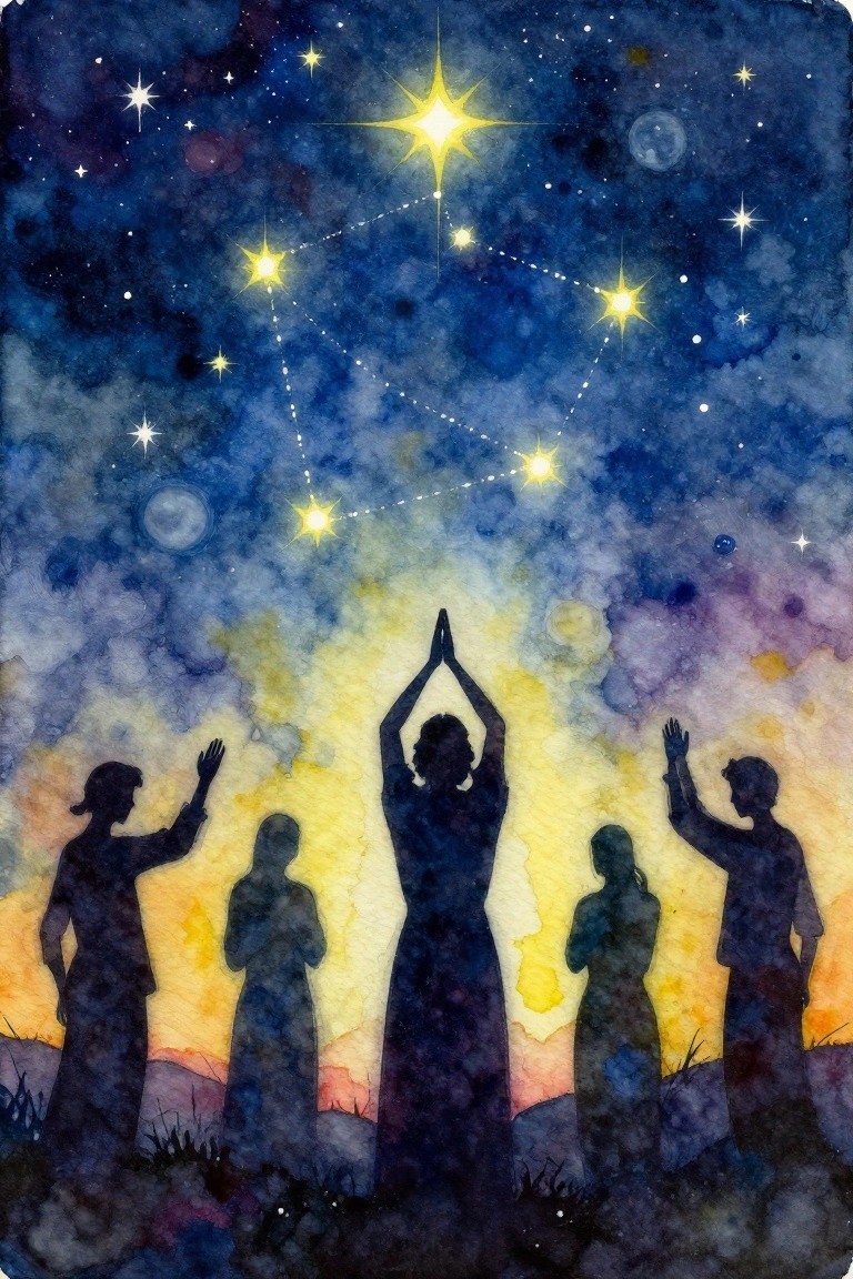 Silhouetted figures raise hands toward glowing stars linked in a watercolor night sky.
