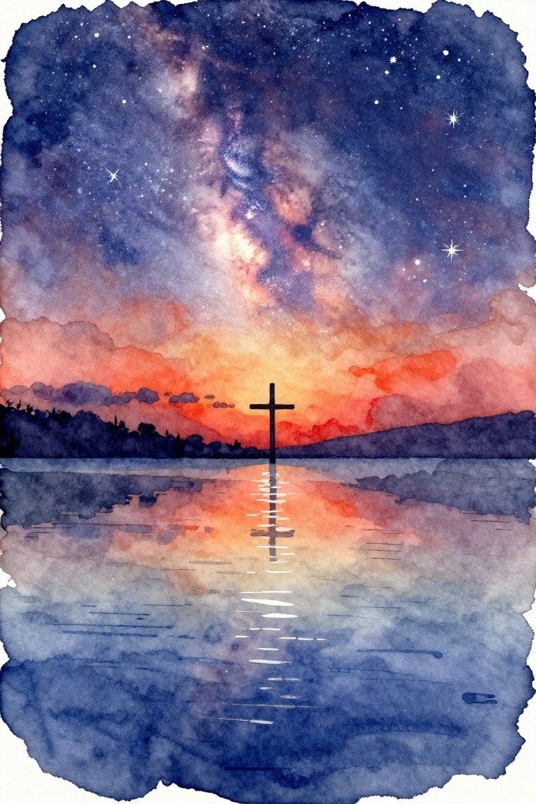 Watercolor cross silhouette reflected in water beneath orange-blue starry sky