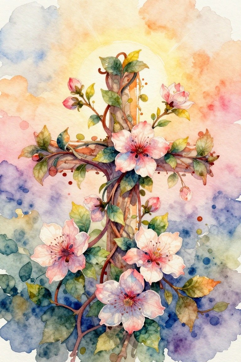 Watercolor cross wrapped in pink flowers and green vines on pastel cloudy background