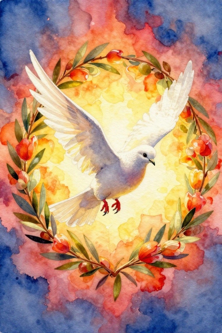 A white dove with spread wings flies inside a circular wreath of branches, red fruits, and green leaves against a colorful watercolor background.
