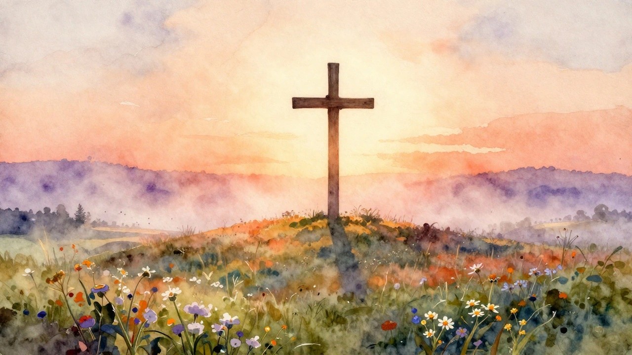 A watercolor landscape shows a dark cross on a grassy hill at sunrise with colorful wildflowers in the foreground and misty mountains in the background.
