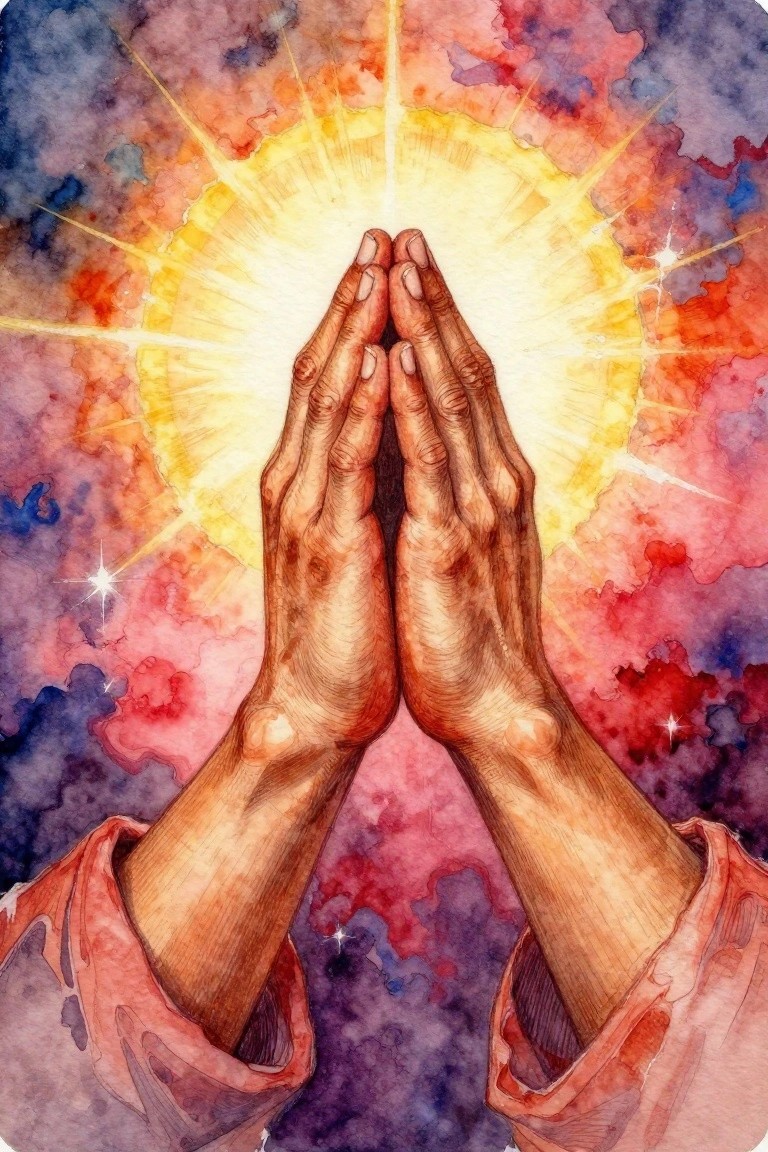 Watercolor painting of red-sleeved praying hands before radiant golden light in cosmic hues.