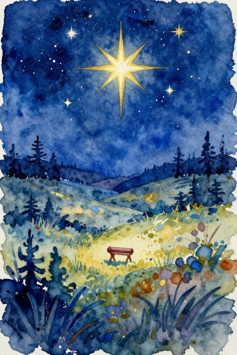Watercolor starry night landscape with glowing star, bench amid colorful wildflowers and hills