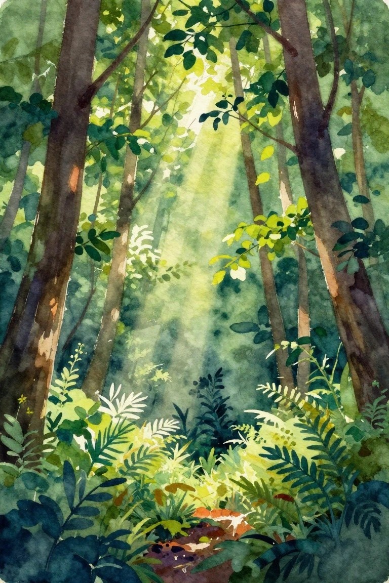 Sunlight rays filtering through tall trees amid lush green forest foliage in watercolor