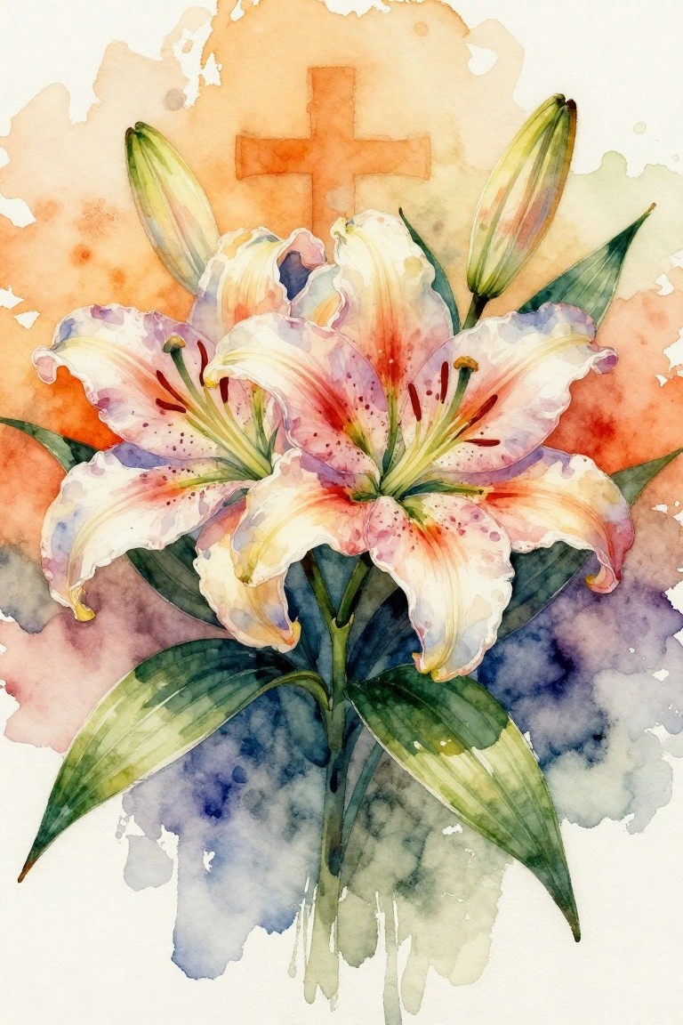 Watercolor painting of blooming lilies with pink accents and an orange cross behind.