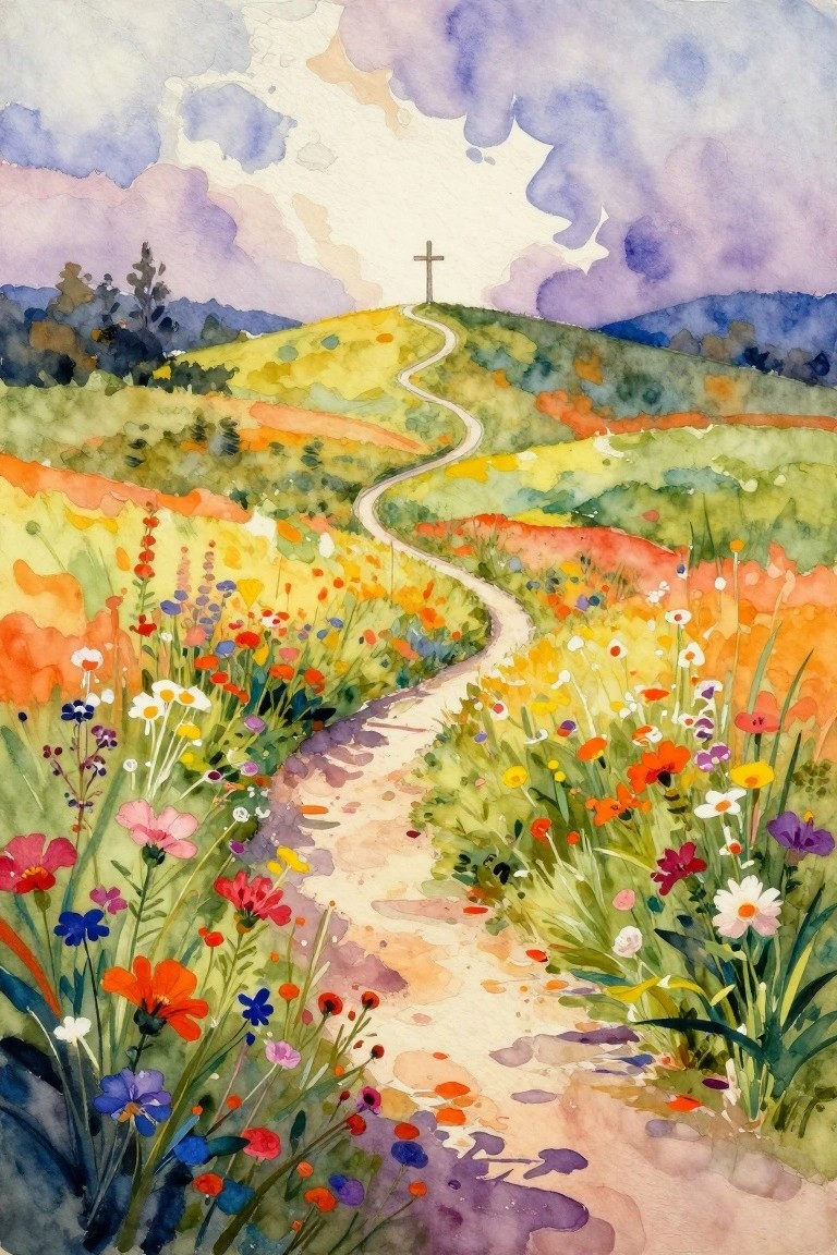 Watercolor landscape of winding path through vibrant wildflower fields to cross on hill