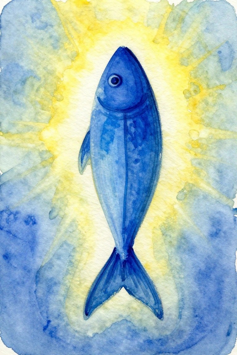 Blue fish with yellow sunburst rays on blue watercolor background