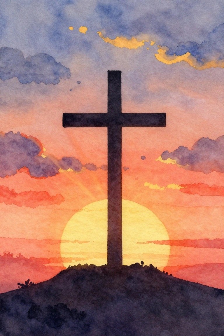 Watercolor of black cross silhouetted on hill against pink-orange sunset sky.