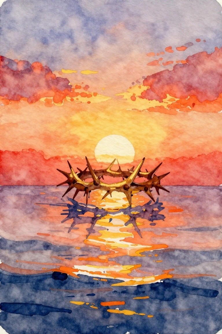 Watercolor crown of thorns floating on reflective waters under vibrant sunset sky.