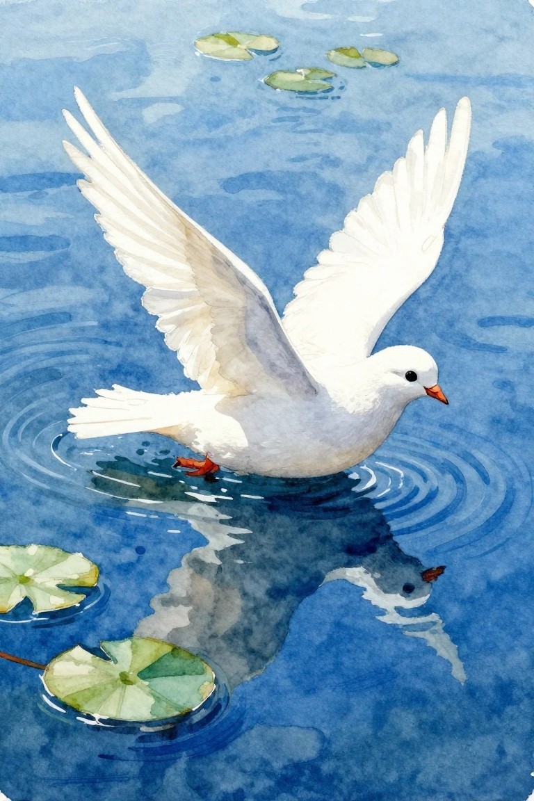 White dove with spread wings skimming blue water amid green lily pads