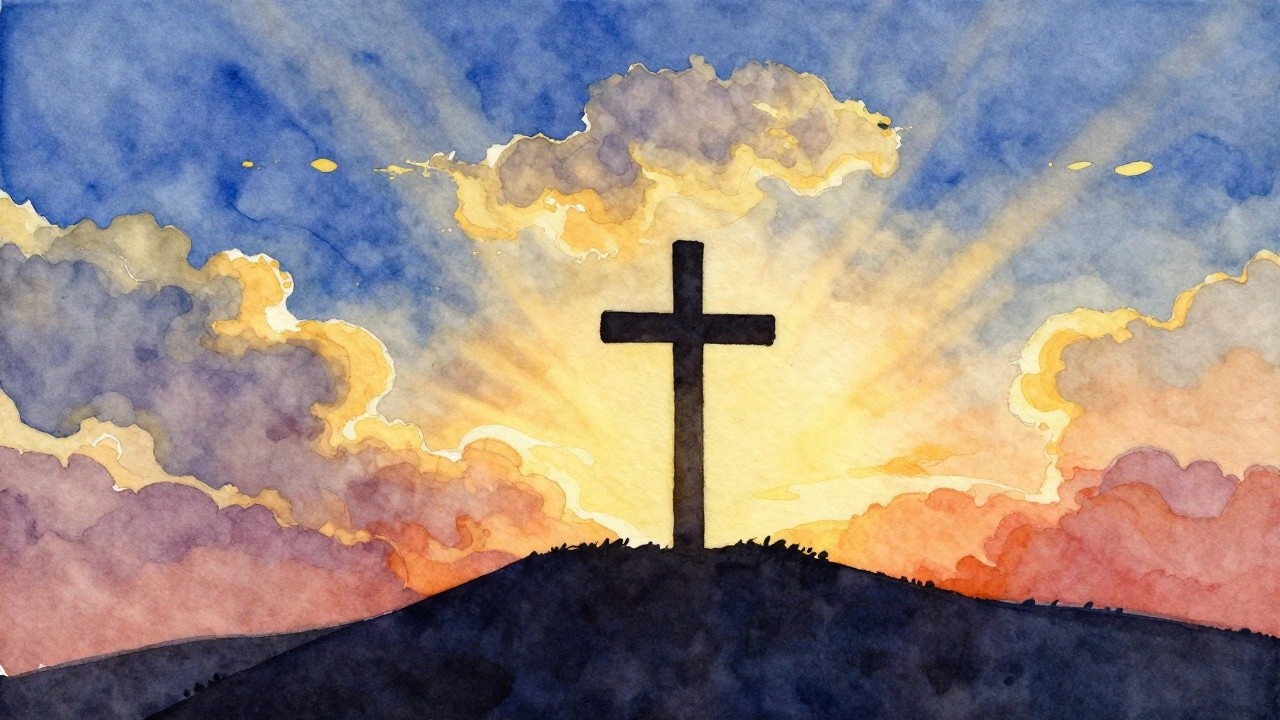 Watercolor of black cross silhouetted on hill against pink-orange sunset sky.