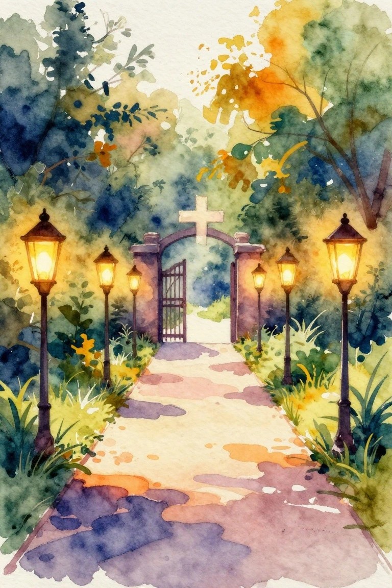 Watercolor of glowing lanterns lining a path to a cross-topped stone gate amid autumn foliage.