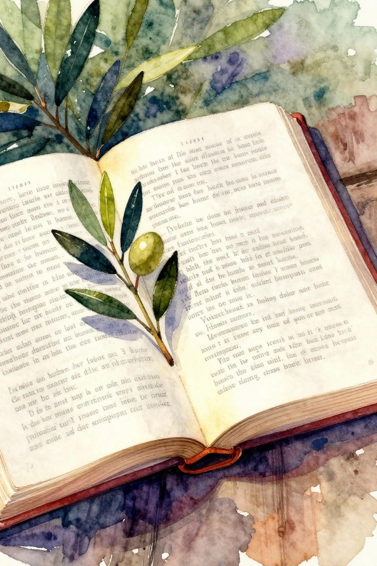 Open book with olive branch across pages on watercolor splashes and torn paper
