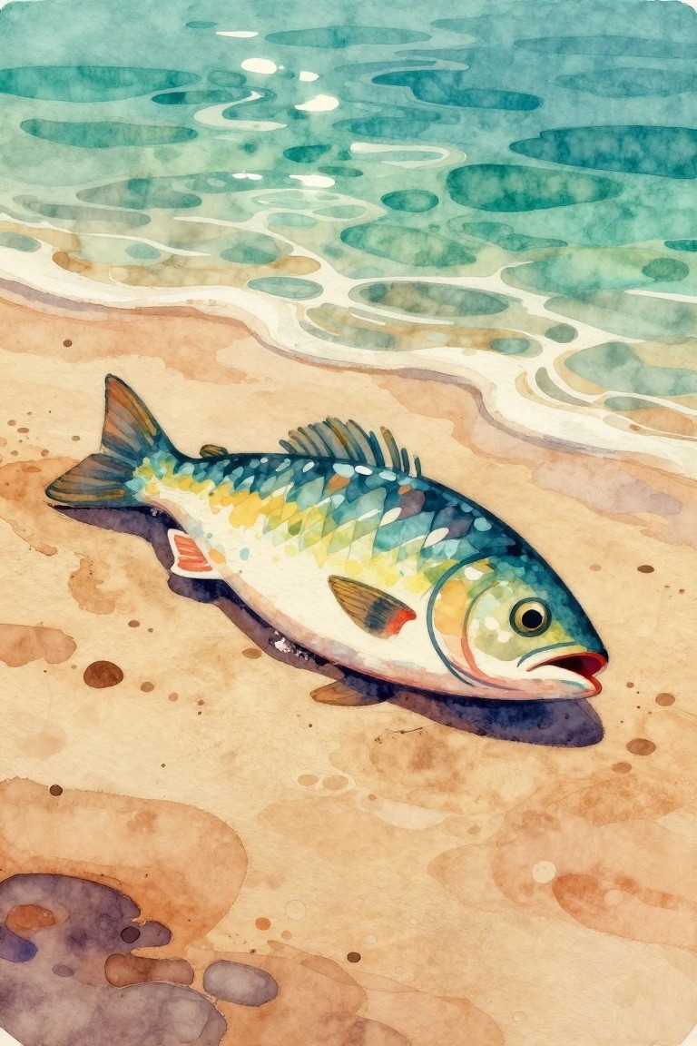 Vibrant fish on sandy beach near turquoise ocean waves in watercolor style