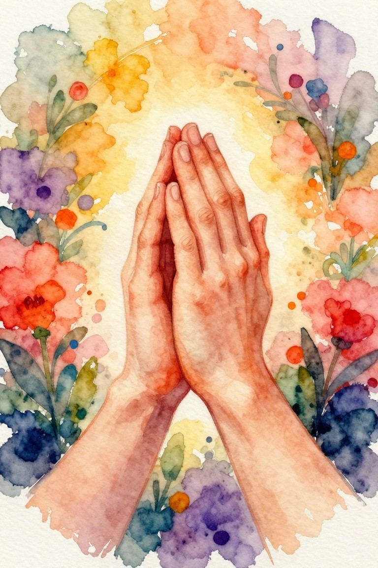 Watercolor painting of praying hands amid vibrant colorful floral wreath and leaves