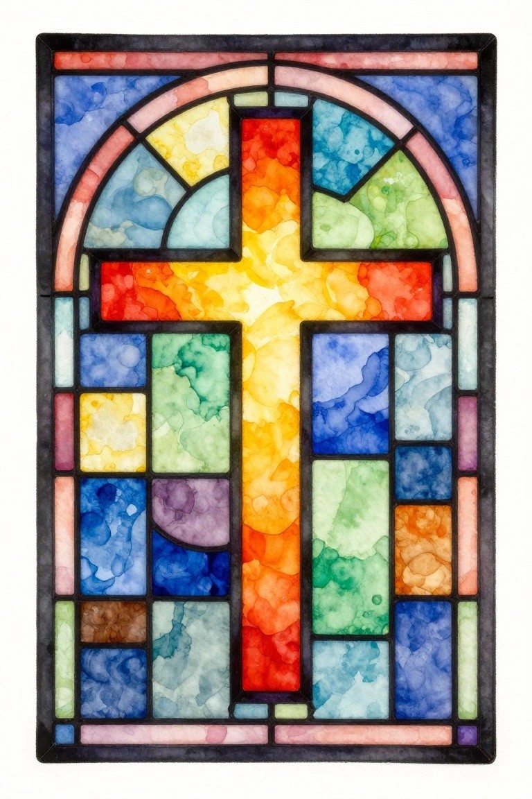 Arched stained glass window with vibrant central rainbow cross design.