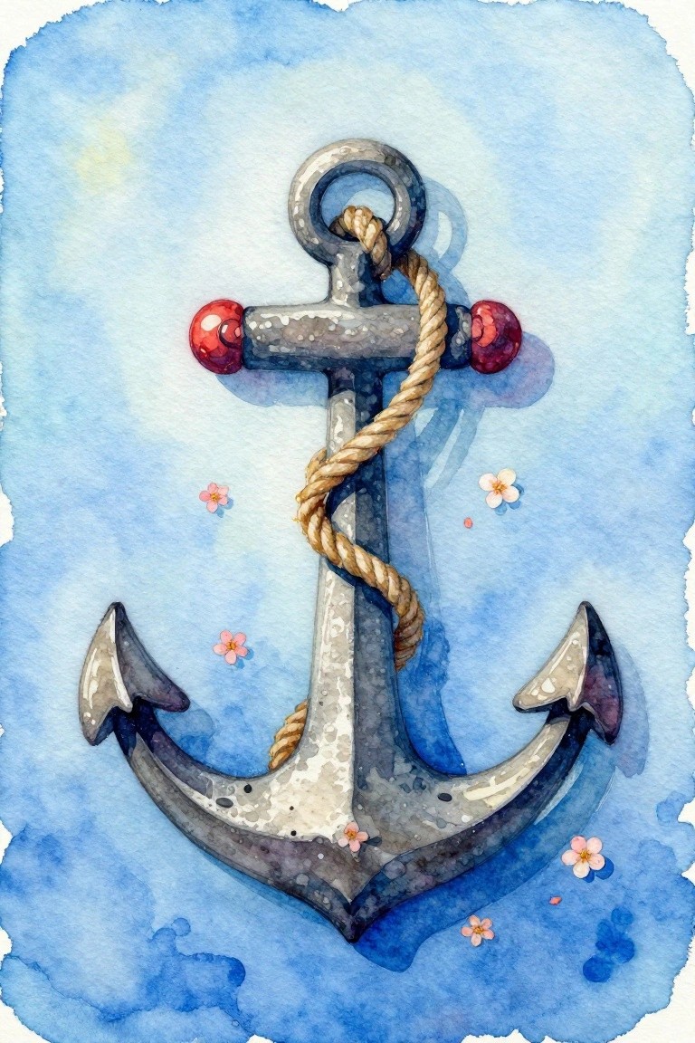 A watercolor painting of a gray anchor with red caps on the crossbar, wrapped in rope, and small pink flowers around it on a blue background.