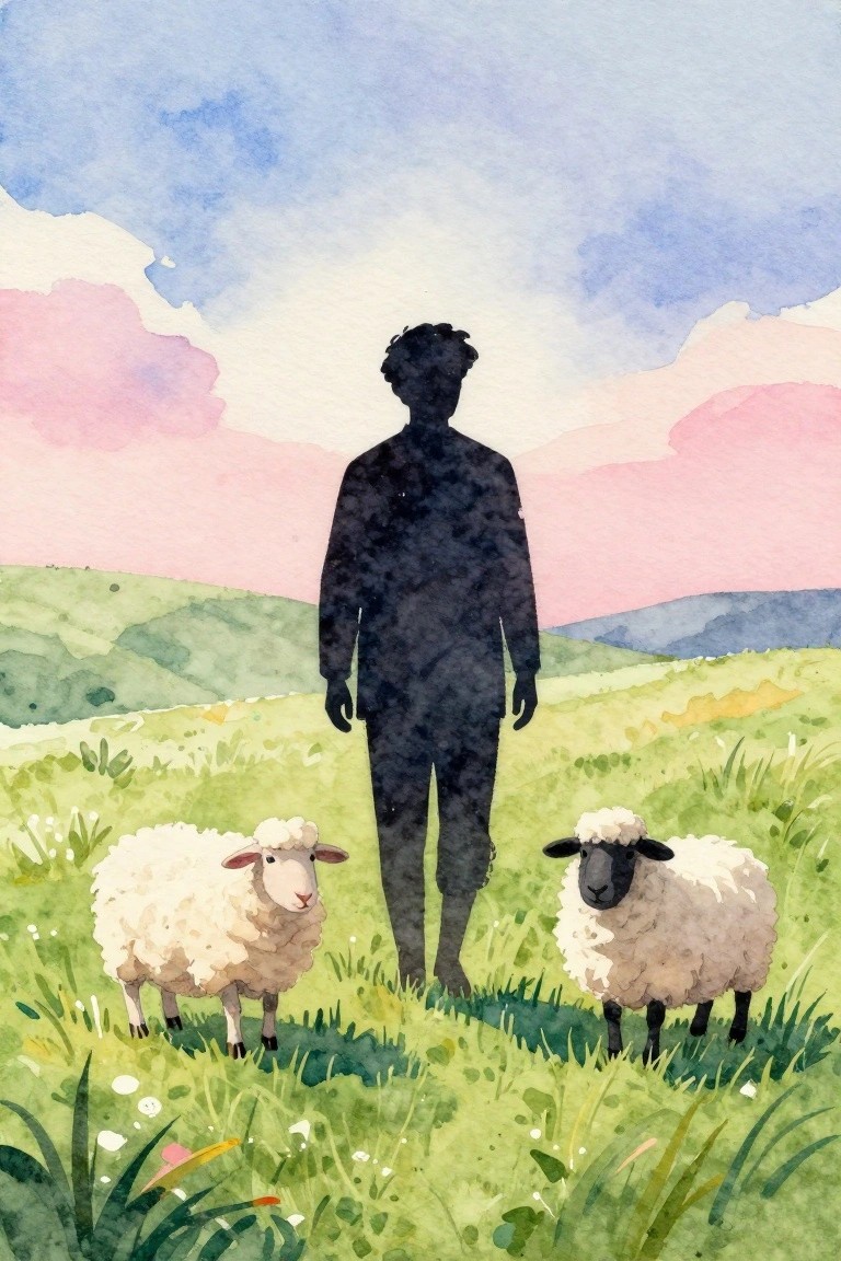 Watercolor of silhouetted figure standing between two sheep in green meadow under pink sky.