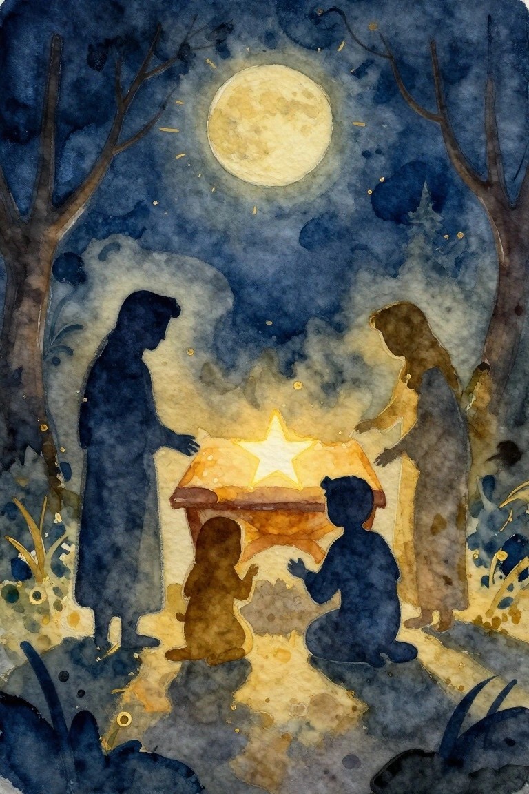 A watercolor painting of silhouetted figures gathered around a glowing star on a table under a full moon in a forest at night.