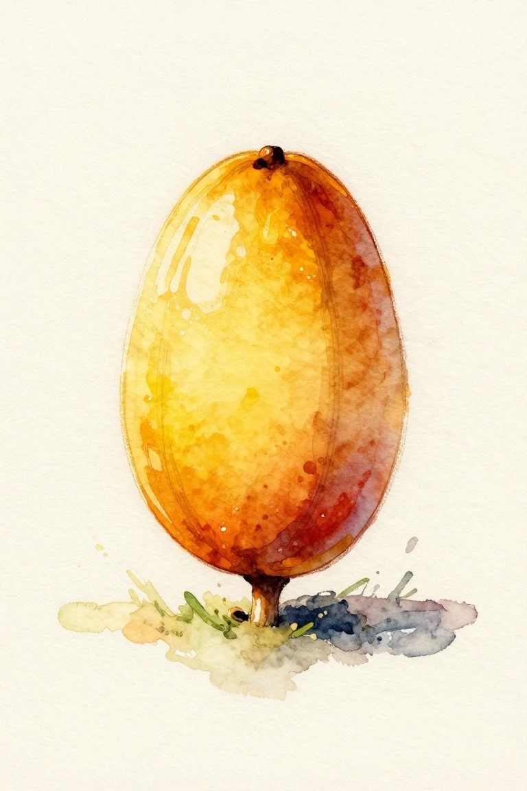 Watercolor of glossy yellow-orange oval fruit with stem and colorful splashes below