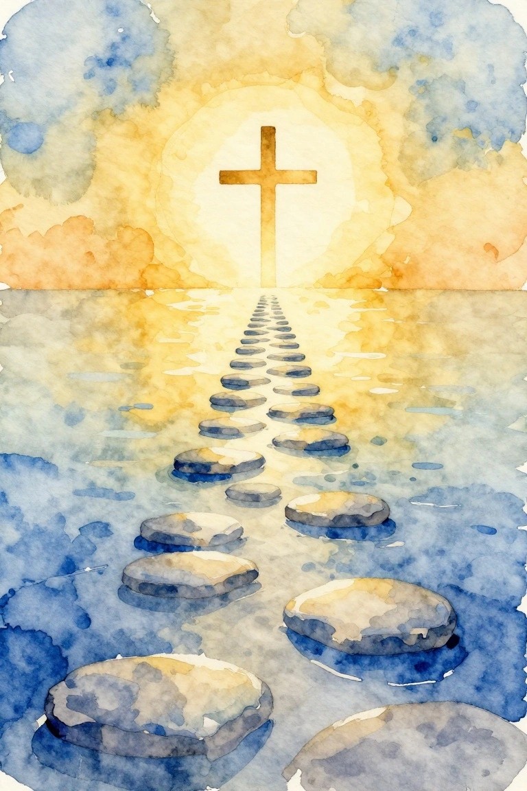 A watercolor painting shows a line of stepping stones leading toward a cross against a bright glowing sky with blue tones in the foreground.