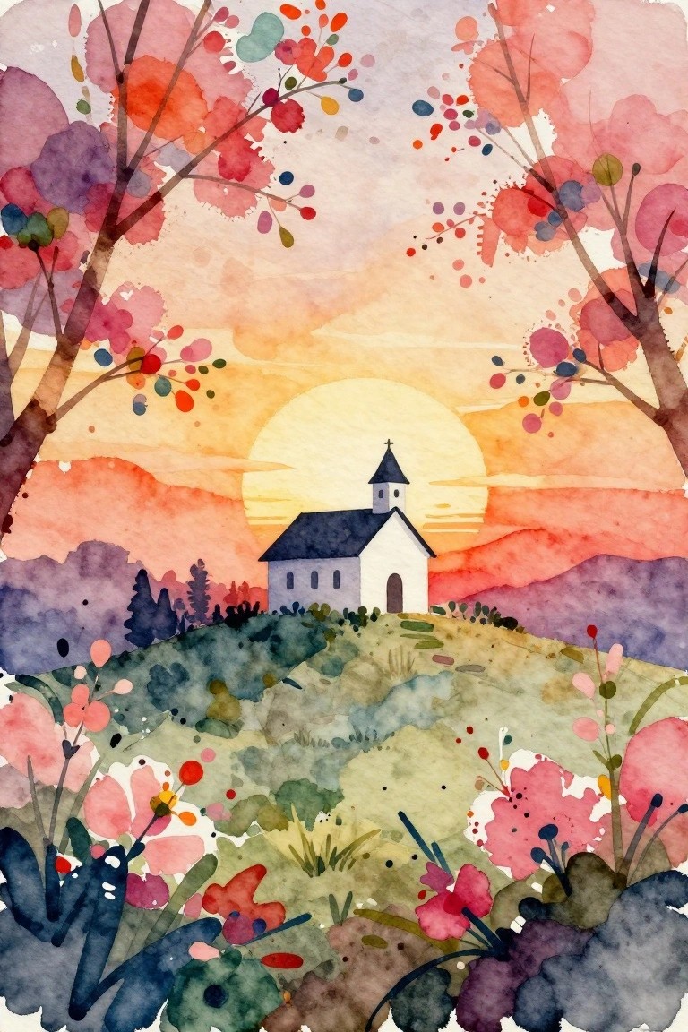 Watercolor of white church on hill amid pink trees at vibrant sunset