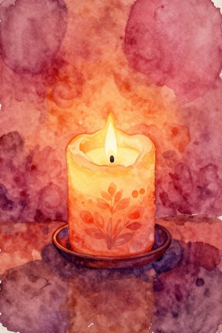 Glowing yellow candle with flame and leaf designs on saucer in red watercolor background