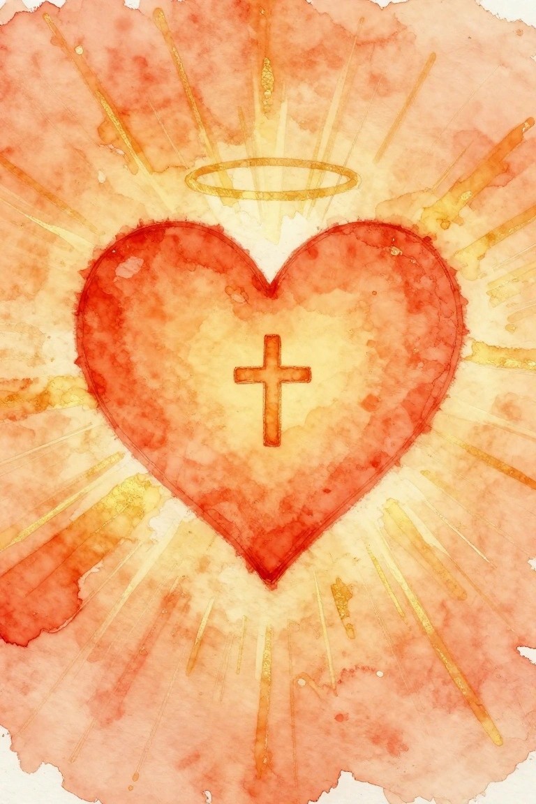 A watercolor painting of a red heart with a brown cross inside, a golden halo above, and golden rays on an orange and yellow background.