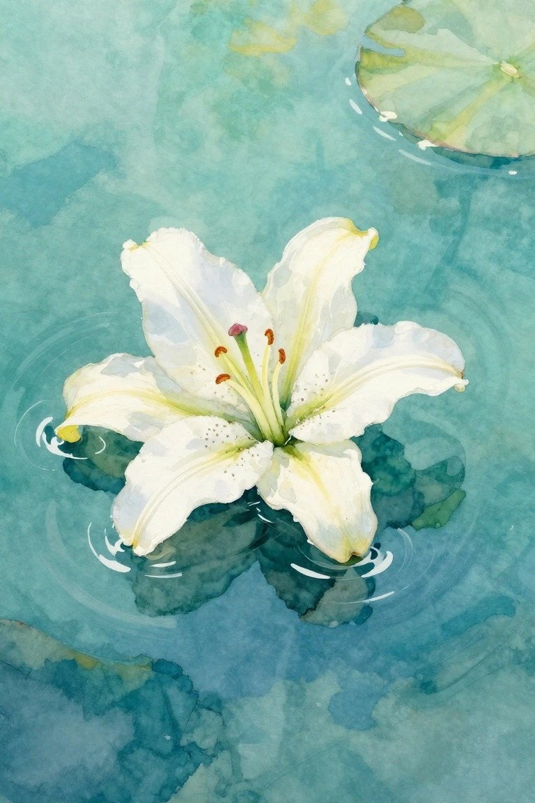 White watercolor lily floating on turquoise water amid green lily pads and ripples