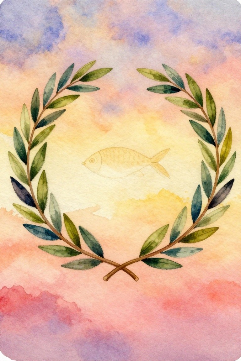 Watercolor wreath of green leaves encircling a small fish against a colorful sky.