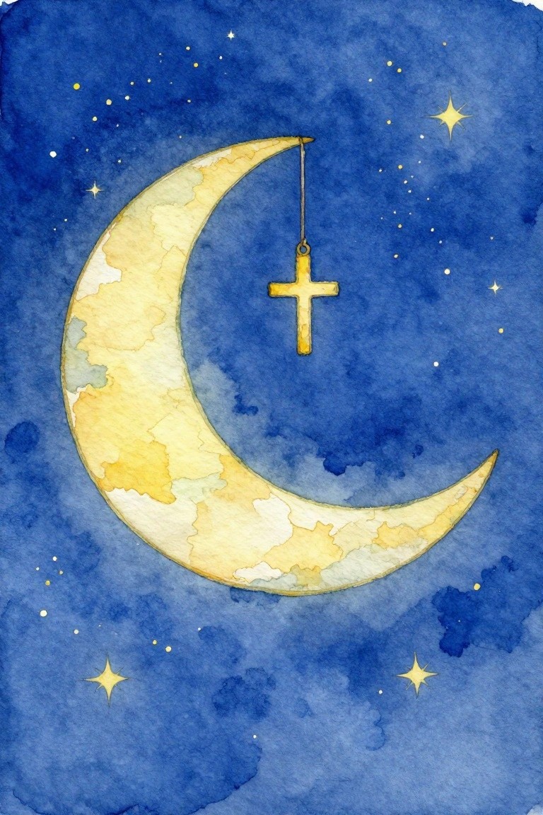 Watercolor crescent moon with dangling golden cross in starry blue night sky.