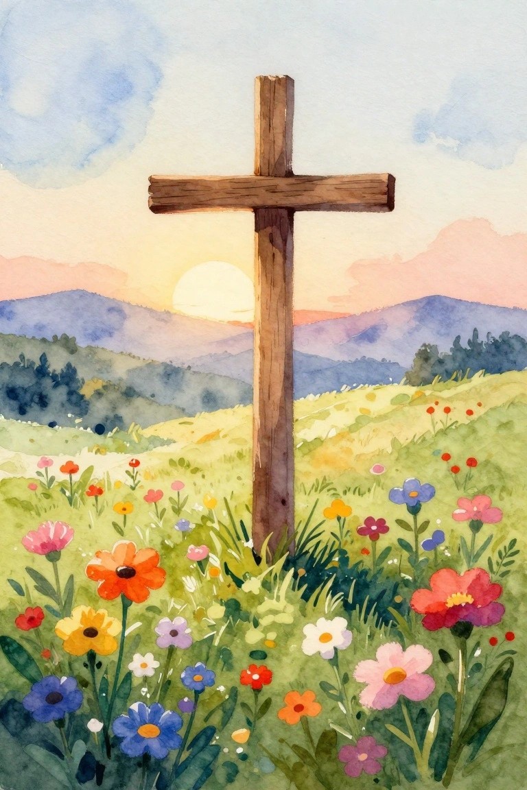 Wooden cross rises among colorful wildflowers in a grassy mountain field at sunset