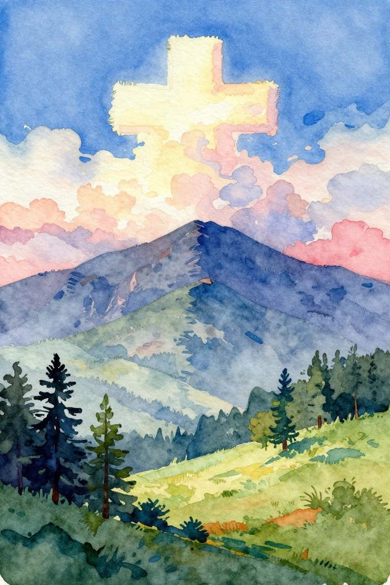 Watercolor landscape of blue mountains, green trees, and glowing yellow cross in sky