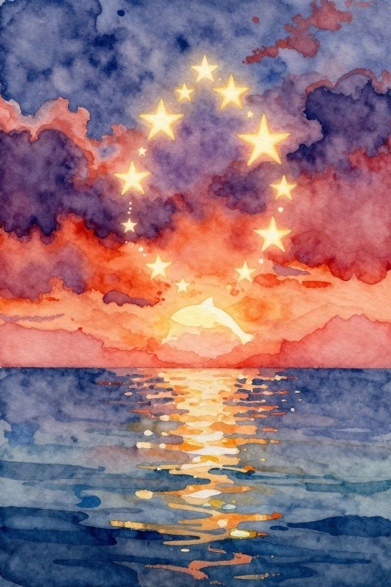 Watercolor of dolphin leaping from ocean into starry sunset sky with orange clouds