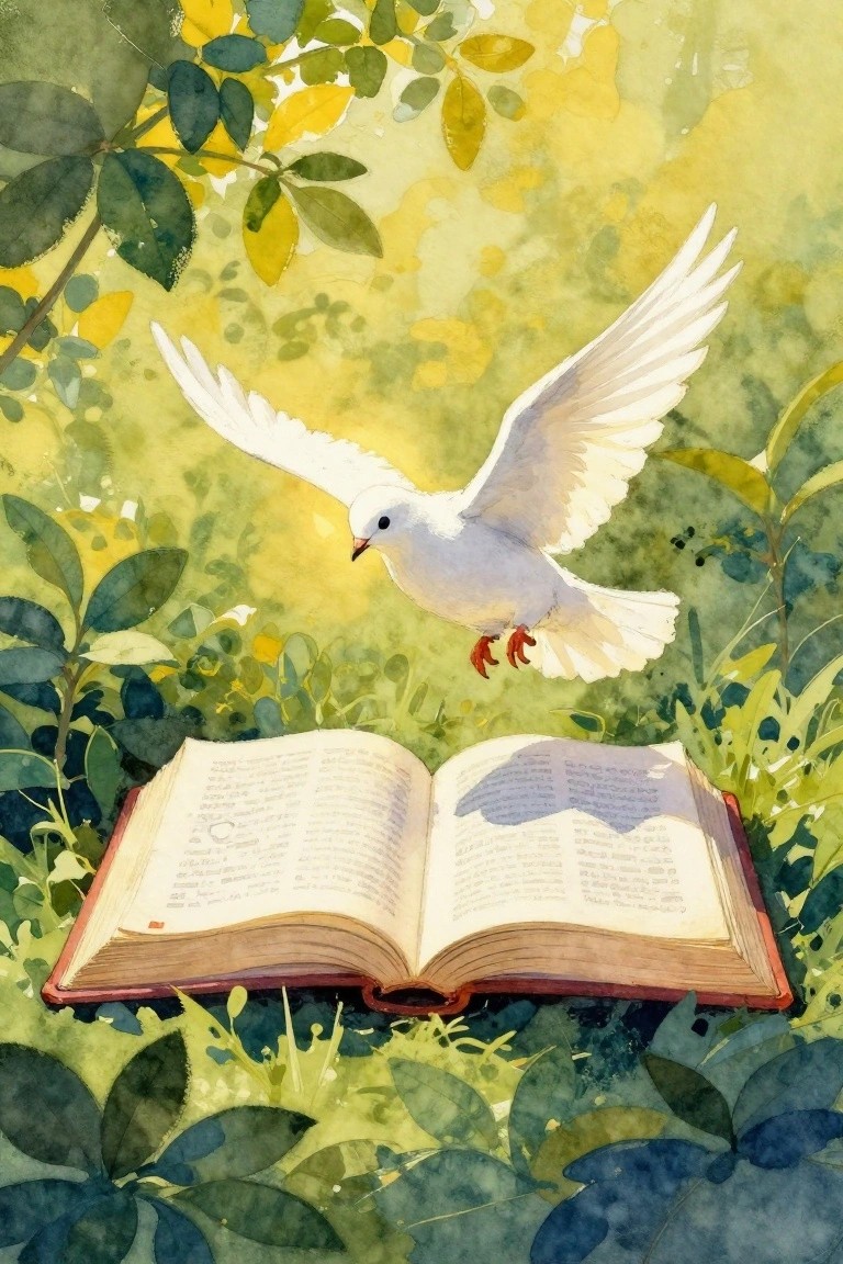 White dove flying over open book amid lush green and yellow foliage, watercolor style.