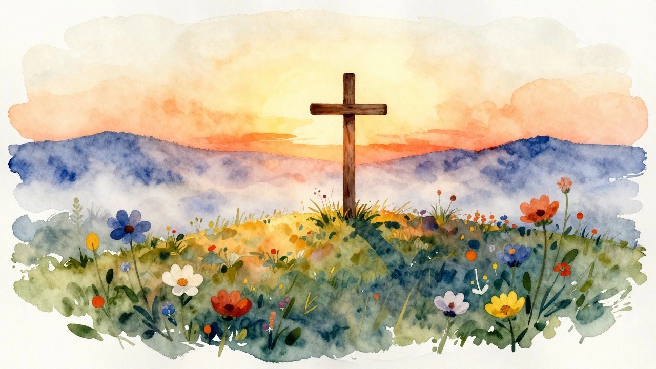 Wooden cross rises among colorful wildflowers in a grassy mountain field at sunset