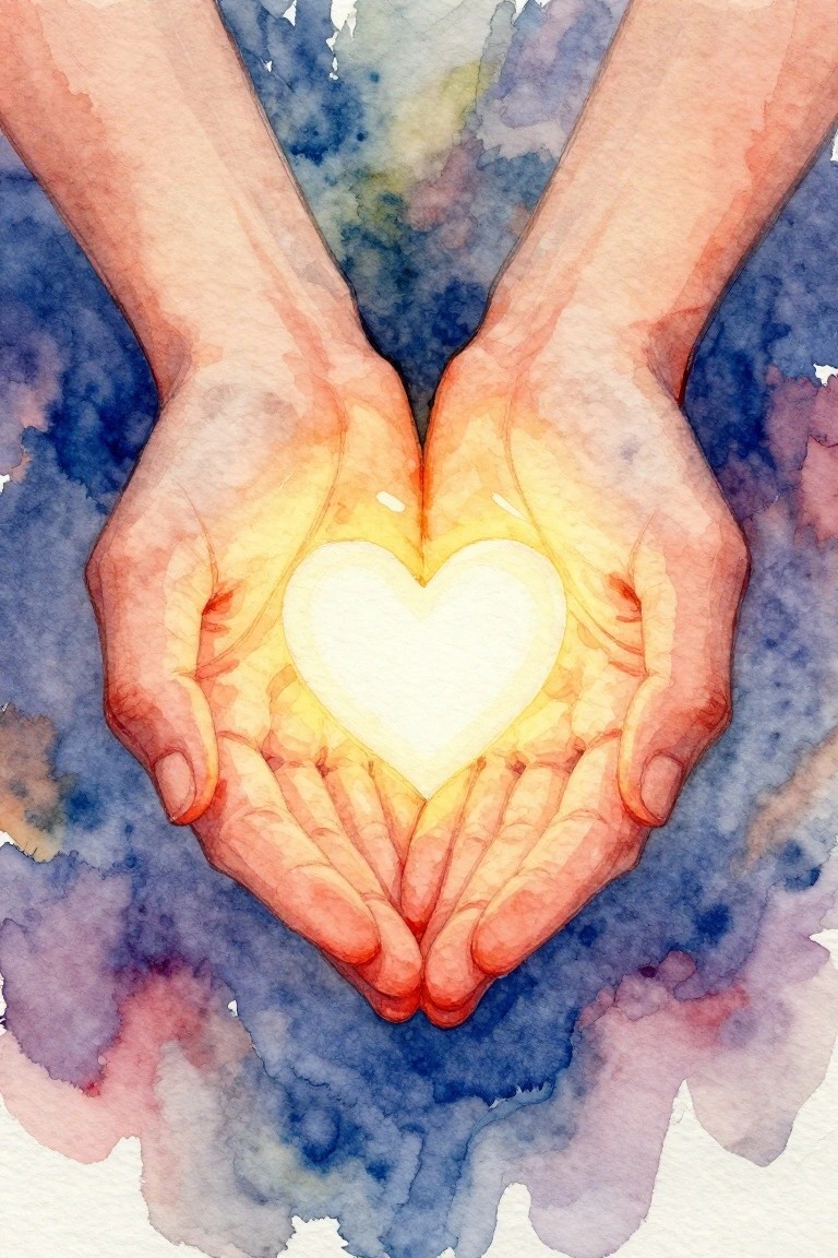 A watercolor-style painting shows two hands cupping a glowing white heart against a blue and purple abstract background.